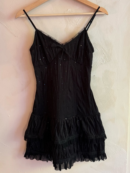 ICHI Other - ICHI | Y2K Black Sequin Slip Dress | Size S | Tiered Ruffle Mesh Hem